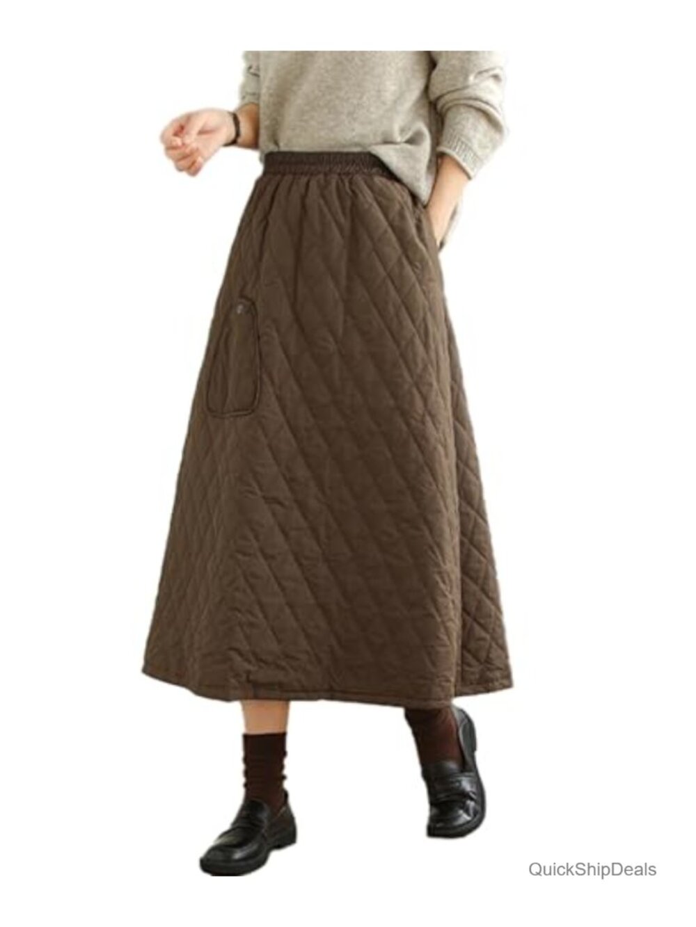 Women's High Waist Quilted Padded A-Line Windproof Insulated Midi Skirt